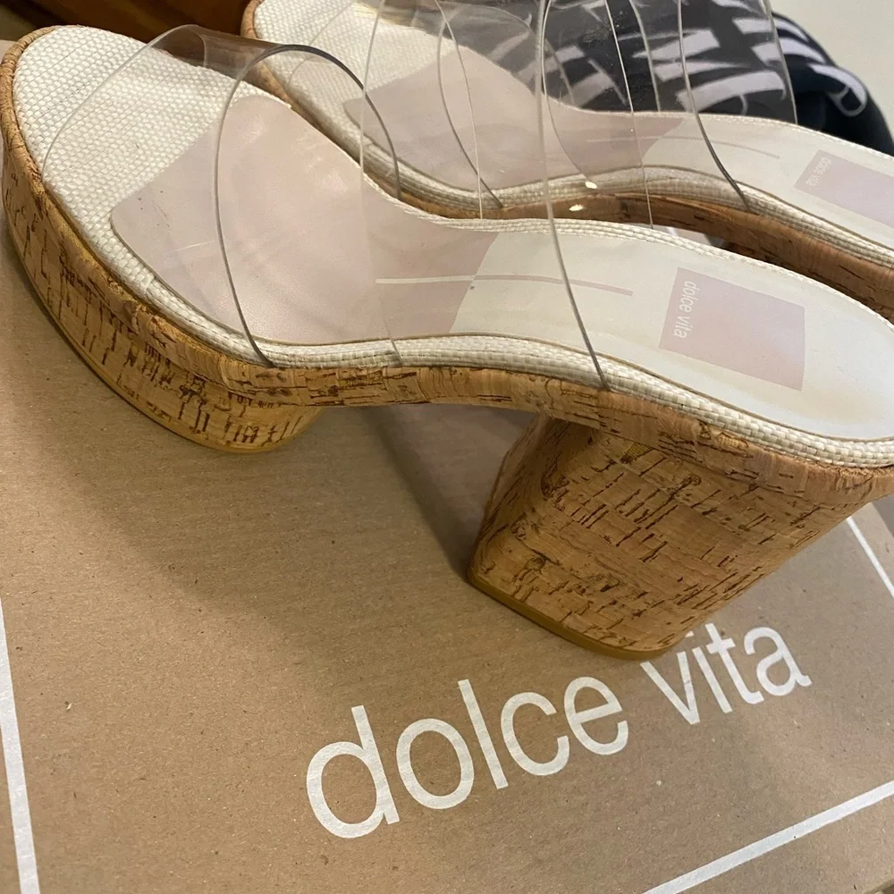 Dolce Vita Latoya Crystal Vinyl Clear Strap Cork Platform Heels 6.5 - Picture 6 of 6
